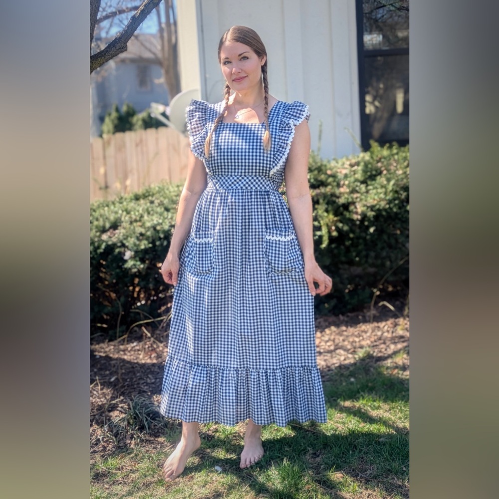 Vintage navy Gingham Maxi Dress Cottagecore French Countryside Prarie ruffle tie